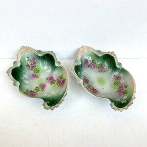 2 Antique MZ Austria Porcelain Candy Trinket Bowl Dish Gilt Edge Green Pink Rose